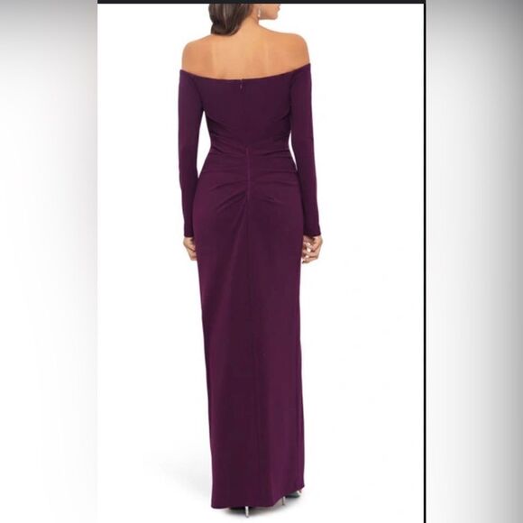 Xscape Strapless (off the shoulder) Long Sleeve Column Gown in Mulberry - Picture 2 of 3